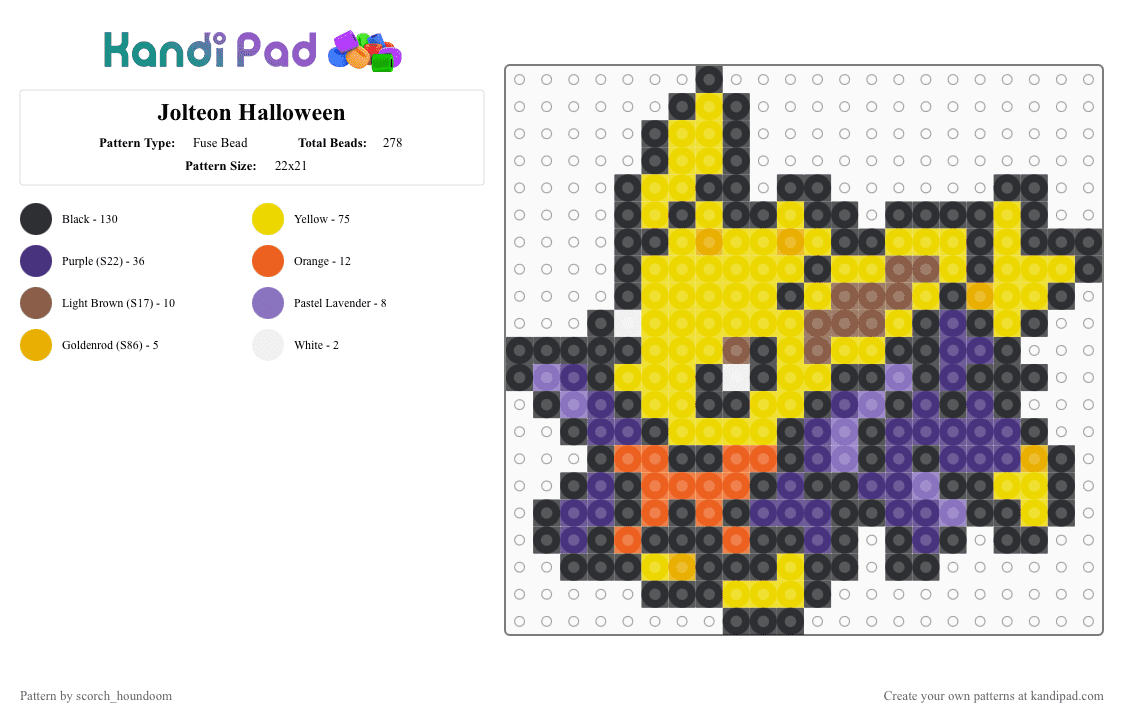 Jolteon Halloween - Fuse Bead Pattern by scorch_houndoom on Kandi Pad - black, eevee, eeveelution, eeveelutions, halloween, jolteon, pokemon, purple, yellow