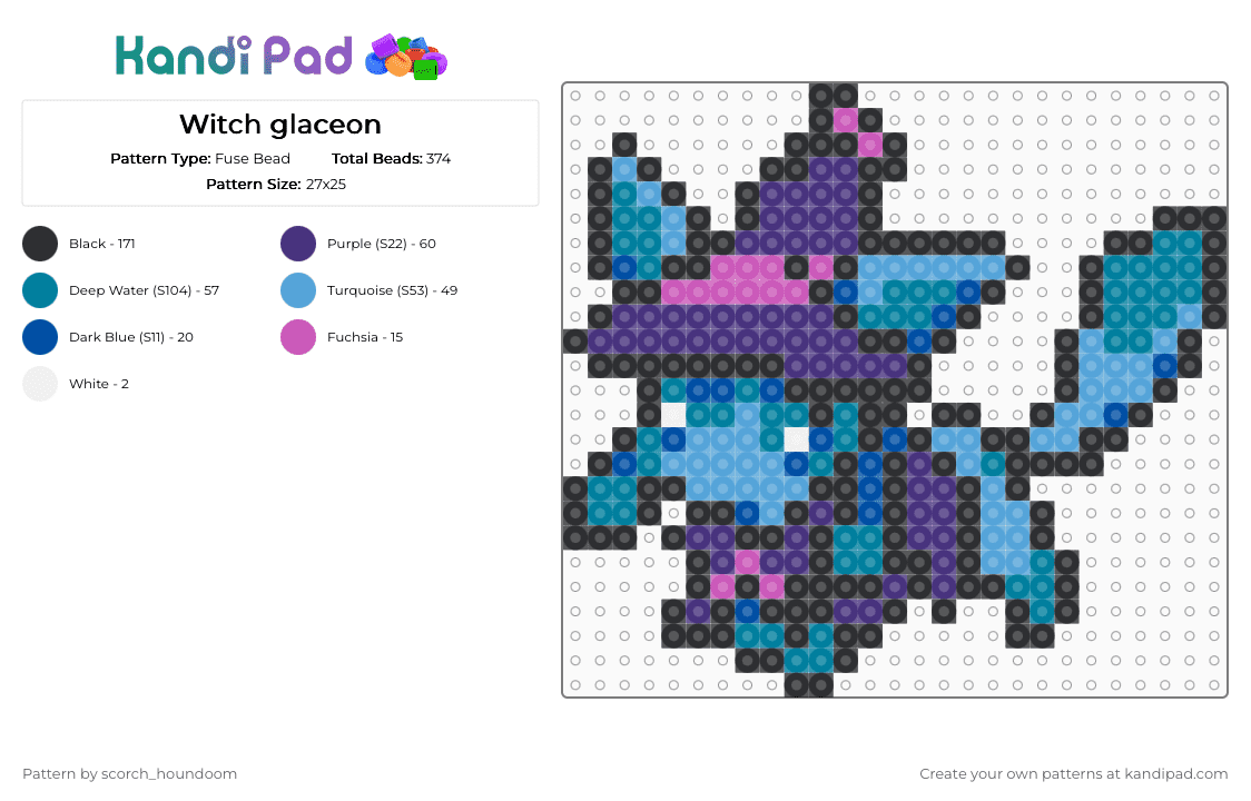 Witch glaceon - Fuse Bead Pattern by scorch_houndoom on Kandi Pad - black,purple,teal,light blue,glaceon,eevee,eeveelution,pokemon,eeveelutions,halloween
