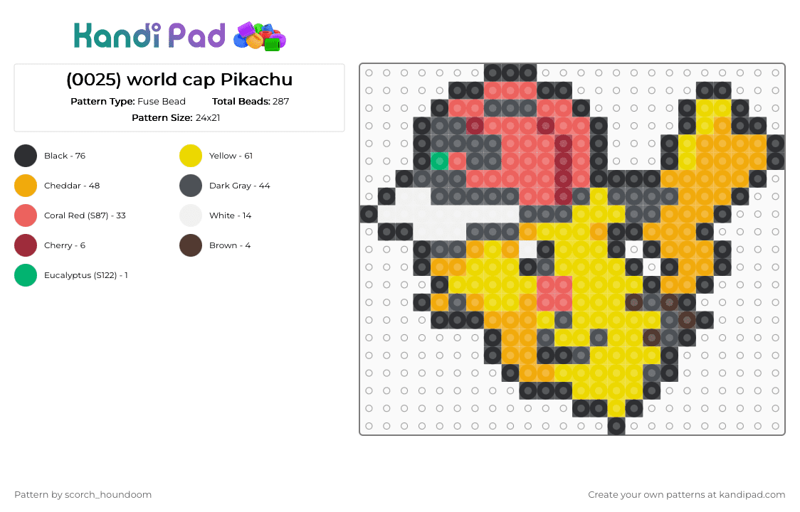 (0025) world cap Pikachu - Fuse Bead Pattern by scorch_houndoom on Kandi Pad - yellow,orange,gray,red,pikachu,pokemon,sprite,pokemon sprite