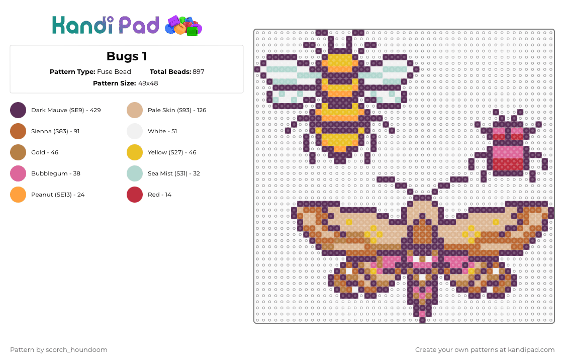 Bugs 1 - Fuse Bead Pattern by scorch_houndoom on Kandi Pad - pink,tan,beige,bugs,bug,beetle,moth
