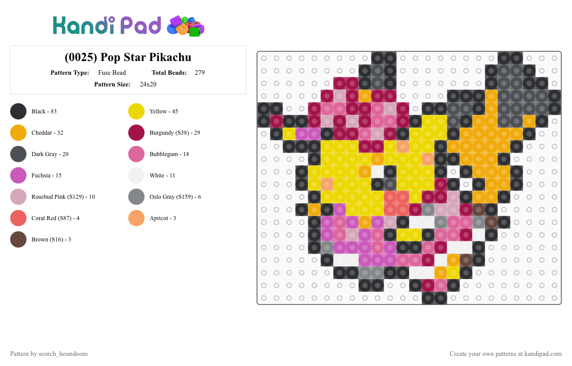 (0025) Pop Star Pikachu - Fuse Bead Pattern by scorch_houndoom on Kandi Pad - pink,orange,yellow,pikachu,pokemon,sprite,pokmon sprite