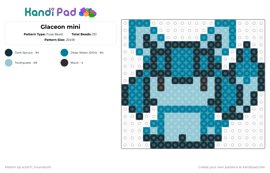Glaceon mini - Fuse Bead Pattern by scorch_houndoom on Kandi Pad - teal,light blue,glaceon,eevee,pokemon