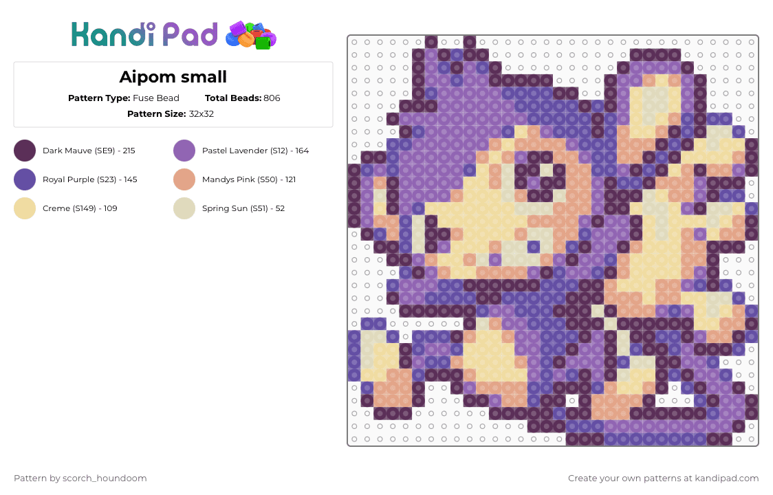 Aipom small - Fuse Bead Pattern by scorch_houndoom on Kandi Pad - pink,beige,pokmon,aipom