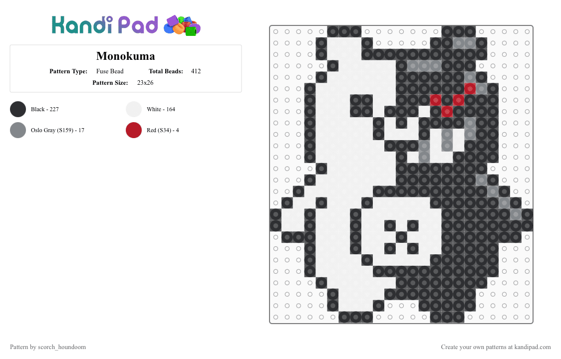 Monokuma - Fuse Bead Pattern by scorch_houndoom on Kandi Pad - black,white,gray,monokuma,danganronpa