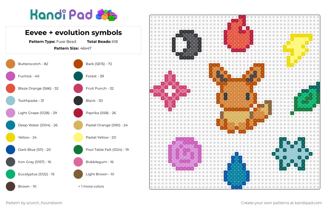 Eevee + evolution symbols - Fuse Bead Pattern by scorch_houndoom on Kandi Pad - red,orange,pink,yellow,eevee,pokemon