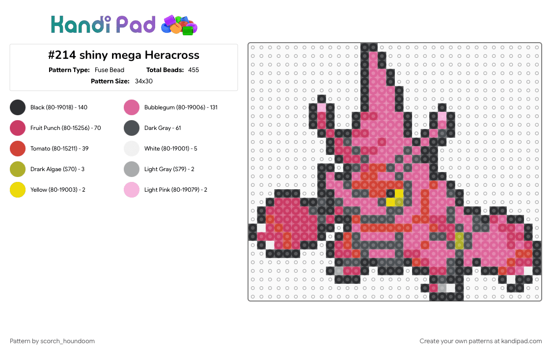#214 shiny mega Heracross - Fuse Bead Pattern by scorch_houndoom on Kandi Pad - gray, heracross, pink, pokemon, pokemon sprite, shiny, shiny pokemon, sprite