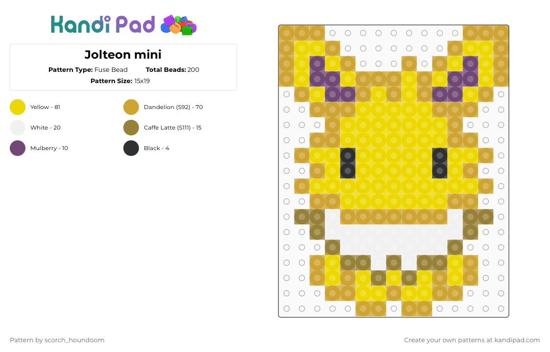 Jolteon mini - Fuse Bead Pattern by scorch_houndoom on Kandi Pad - orange,yellow,jolteon,eevee,pokemon