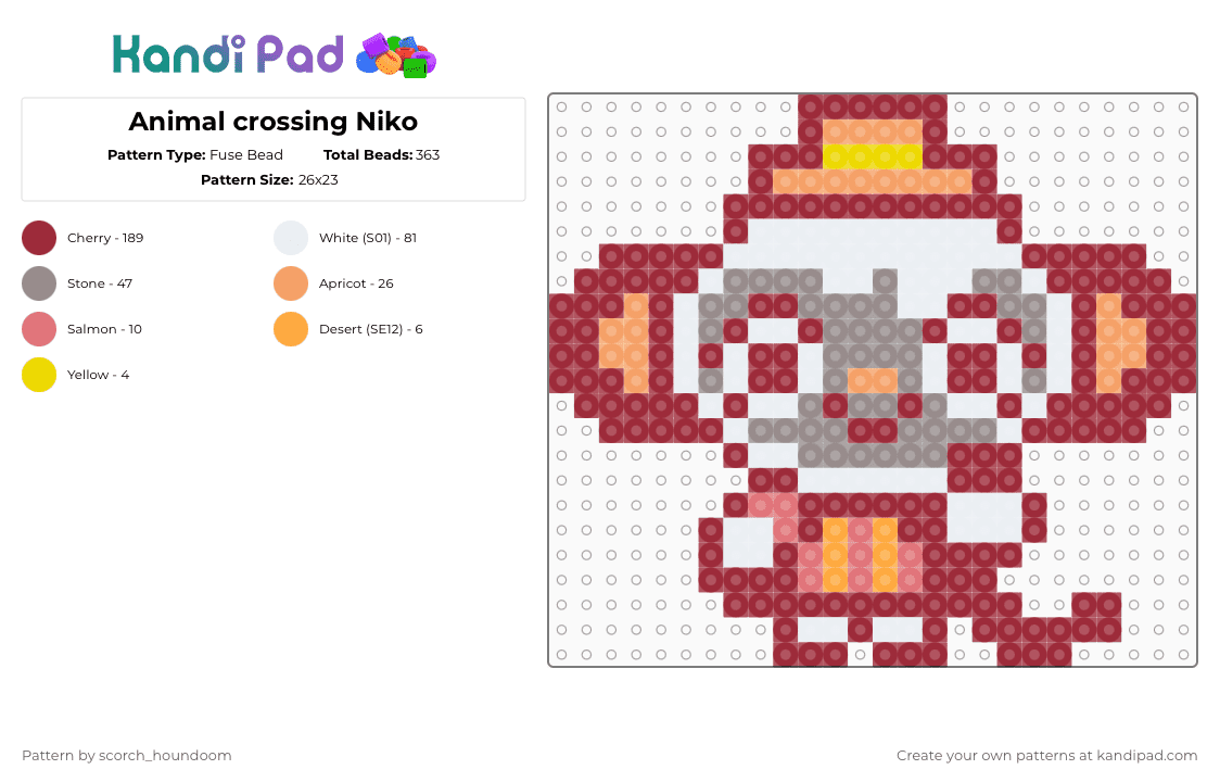 Animal crossing Niko - Fuse Bead Pattern by scorch_houndoom on Kandi Pad - red,animal crossing,niko,acnh,new horizons