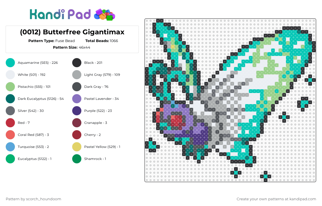 (0012) Butterfree Gigantimax - Fuse Bead Pattern by scorch_houndoom on Kandi Pad - gray,teal,pokemon,butterfree