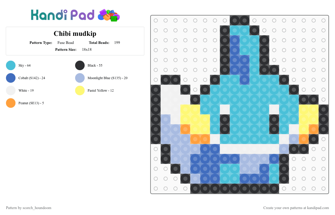Chibi mudkip - Fuse Bead Pattern by scorch_houndoom on Kandi Pad - light blue,mudkip,pokemon,starter