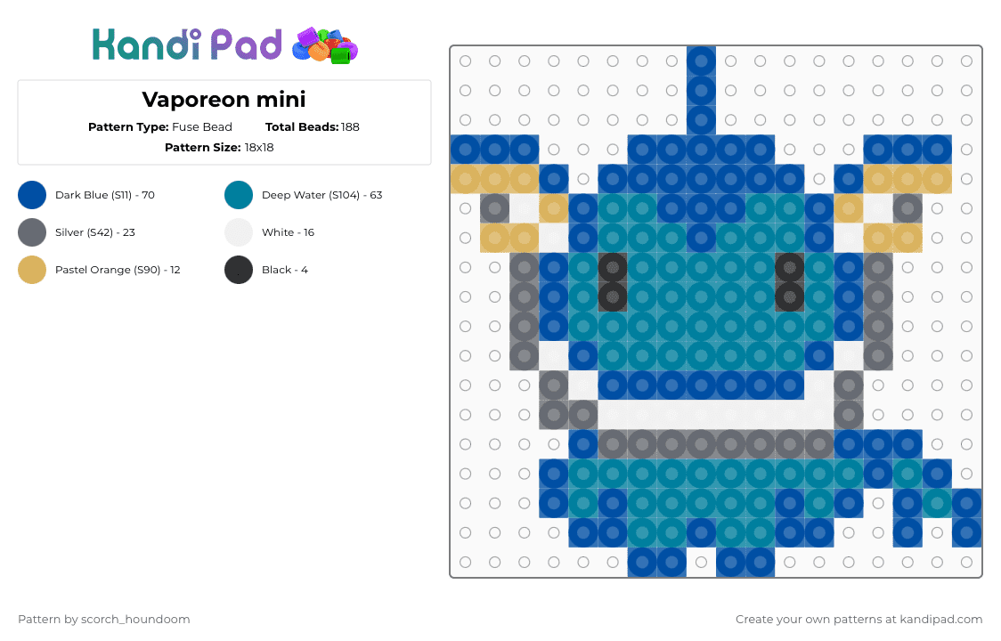 Vaporeon mini - Fuse Bead Pattern by scorch_houndoom on Kandi Pad - blue,teal,vaporeon,eevee,pokmon