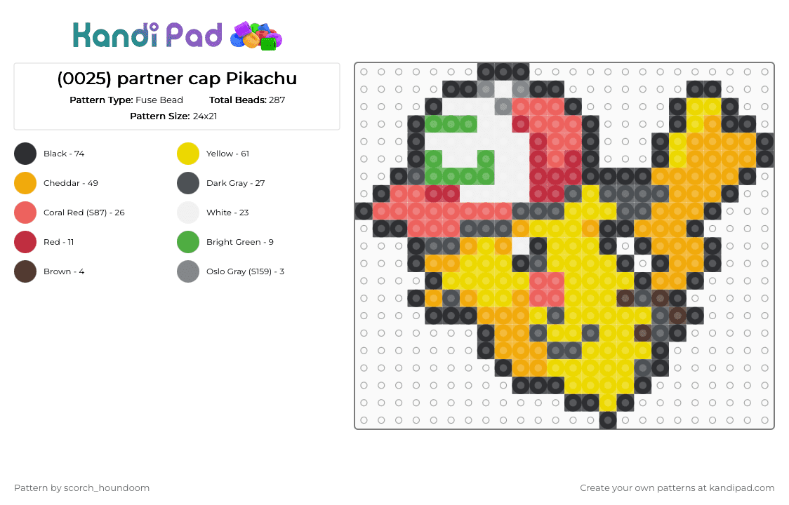 (0025) partner cap Pikachu - Fuse Bead Pattern by scorch_houndoom on Kandi Pad - yellow,orange,gray,red,pikachu,pokemon,sprite,pokmon sprite