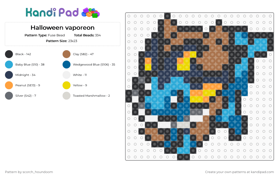 Halloween vaporeon - Fuse Bead Pattern by scorch_houndoom on Kandi Pad - black, blue, colorful, halloween, light blue, pokmon, purple, tan, vaporeon