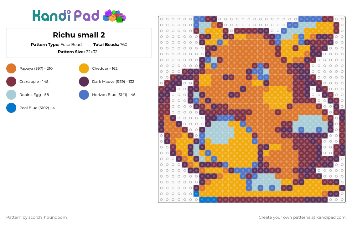 Richu small 2 - Fuse Bead Pattern by scorch_houndoom on Kandi Pad - orange,brown,pokmon,richu