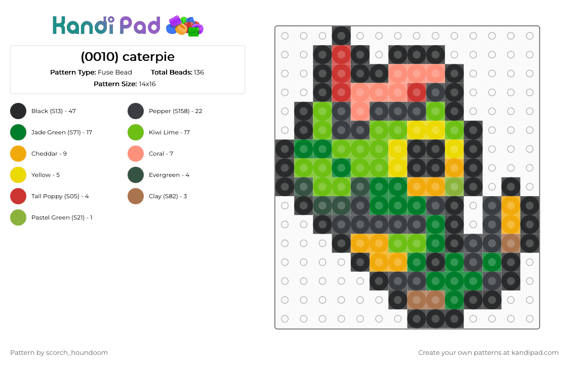 (0010) caterpie - Fuse Bead Pattern by scorch_houndoom on Kandi Pad - black,orange,green,caterpie,pokemon