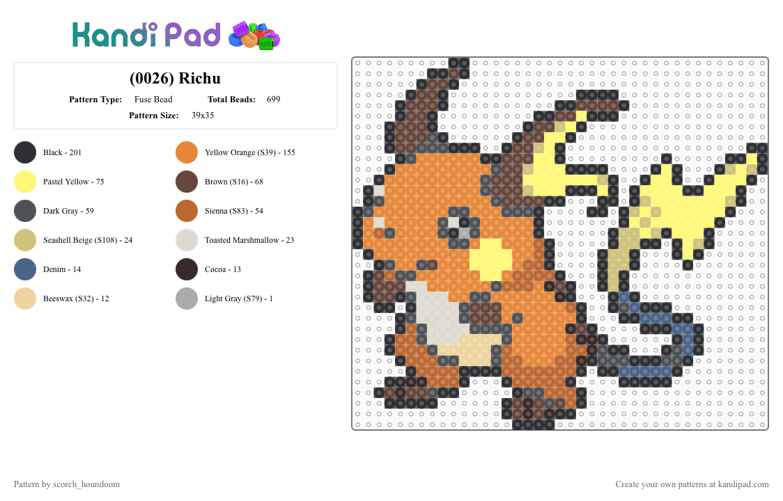 (0026) Raichu - Fuse Bead Pattern by scorch_houndoom on Kandi Pad - brown,orange,yellow,richu,pokemon,sprite,pokmon sprite