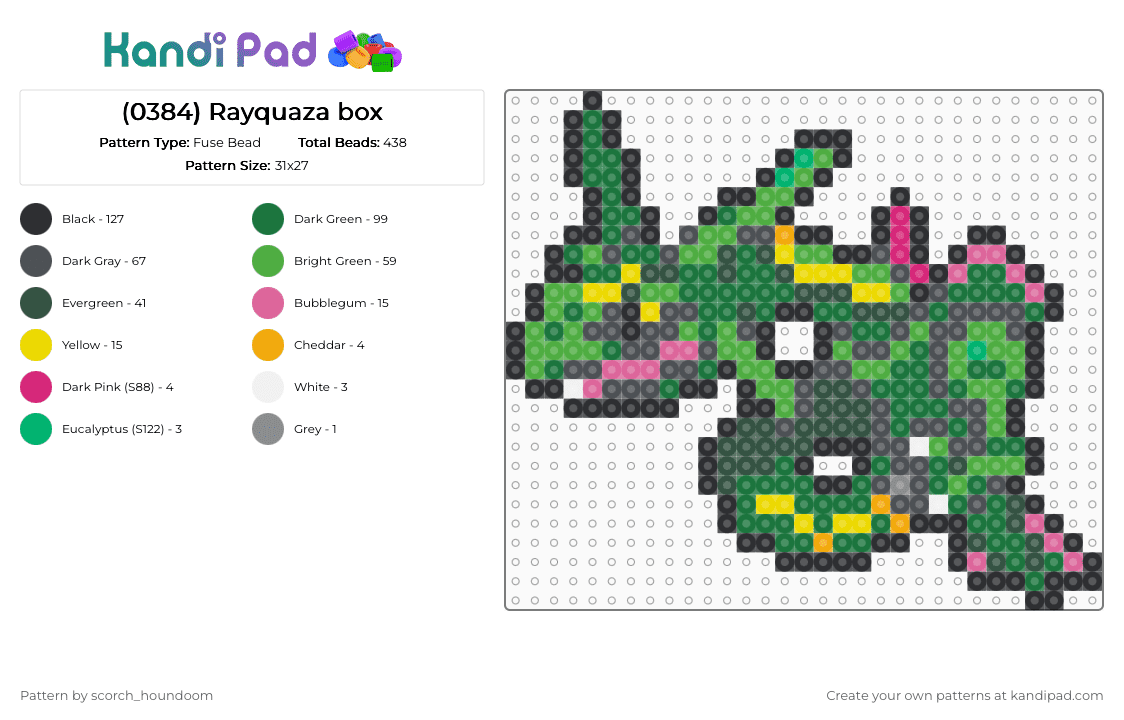 (0384) Rayquaza - Fuse Bead Pattern by scorch_houndoom on Kandi Pad - gray, green, pokemon, pokmon sprite, rayquaza, sprite
