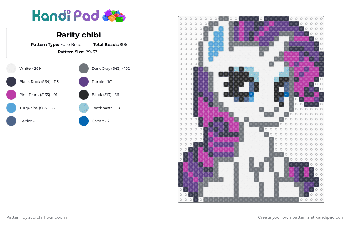 Rarity chibi - Fuse Bead Pattern by scorch_houndoom on Kandi Pad - gray,purple,rarity,mlp,my little pony
