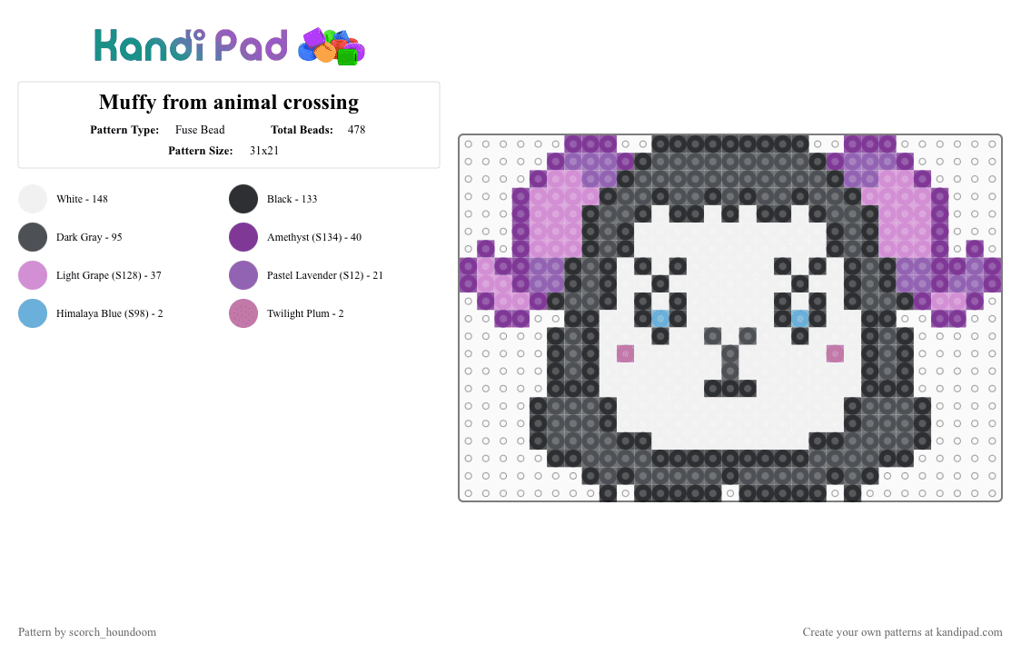 Muffy from animal crossing - Fuse Bead Pattern by scorch_houndoom on Kandi Pad - pink,gray,muffy,animal crossing,new horizons,acnh