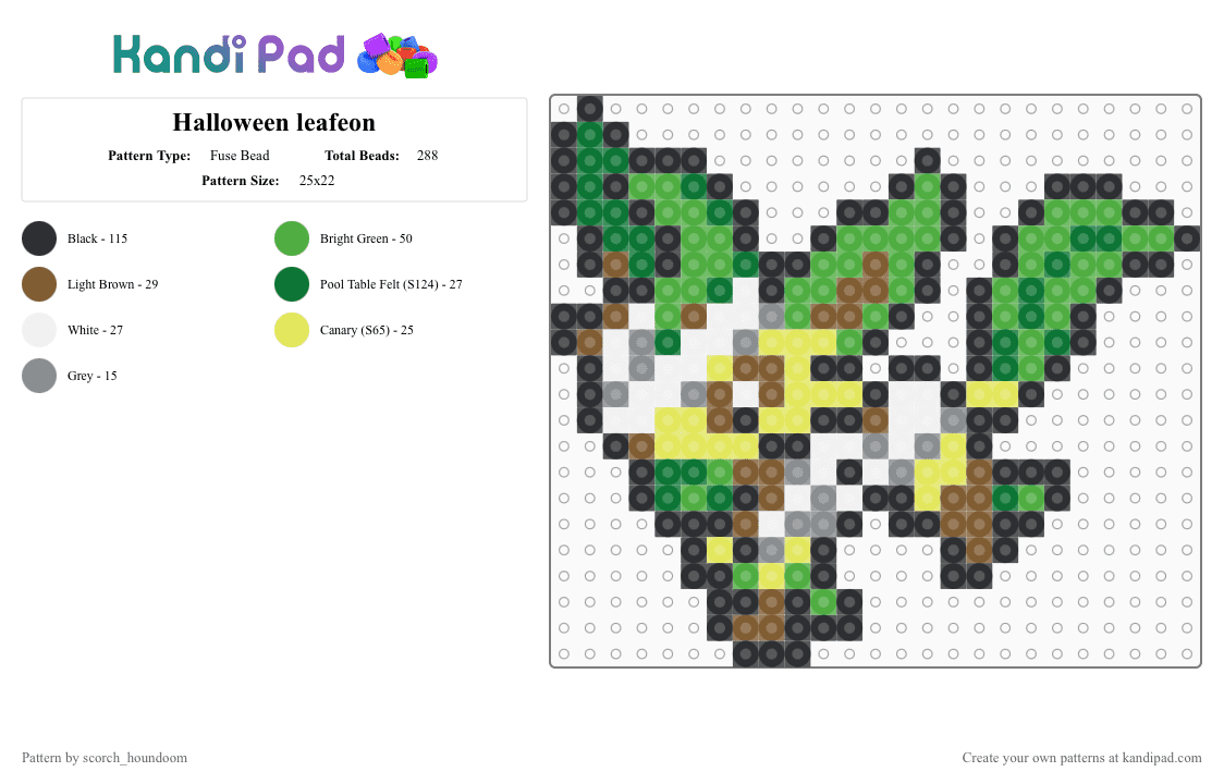 Halloween leafeon - Fuse Bead Pattern by scorch_houndoom on Kandi Pad - green,leafeon,pokemon,eevee,eeveelution,eeveelutions,halloween
