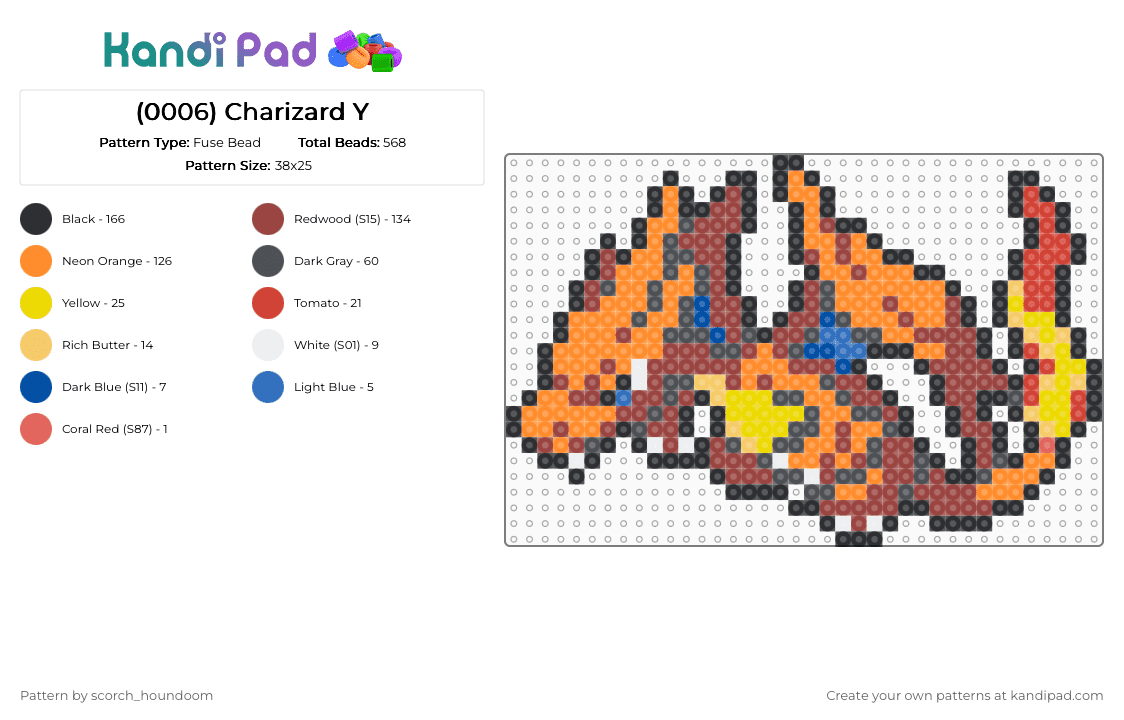 (0006) Charizard Y - Fuse Bead Pattern by scorch_houndoom on Kandi Pad - red,orange,pokemon,charizard,mega