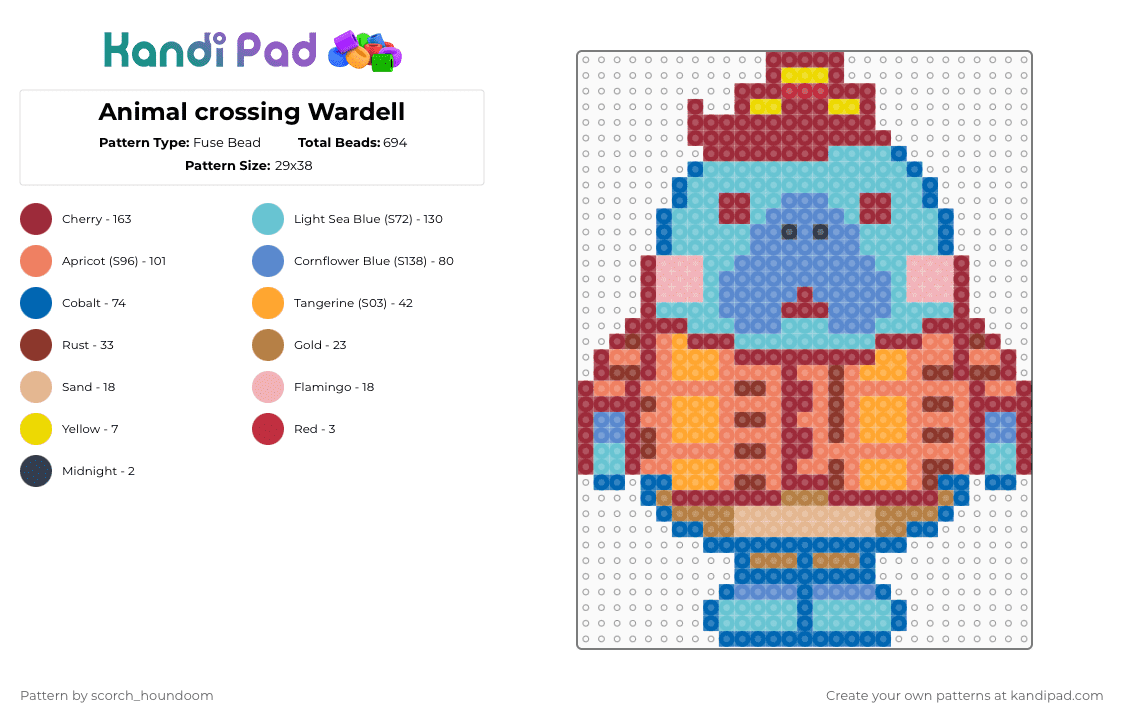Animal crossing Wardell - Fuse Bead Pattern by scorch_houndoom on Kandi Pad - blue,red,light blue,orange,animal crossing,wardell,new horizons,acnh