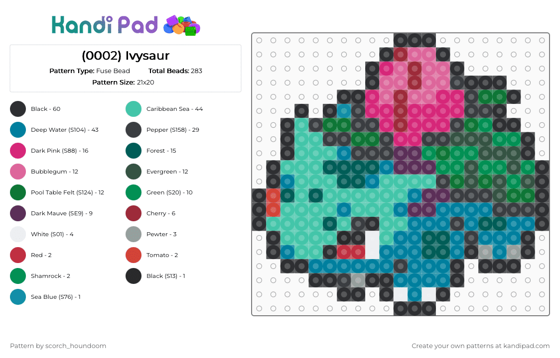 (0002) Ivysaur - Fuse Bead Pattern by scorch_houndoom on Kandi Pad - pink,teal,ivysaur,pokemon,green,turquoise