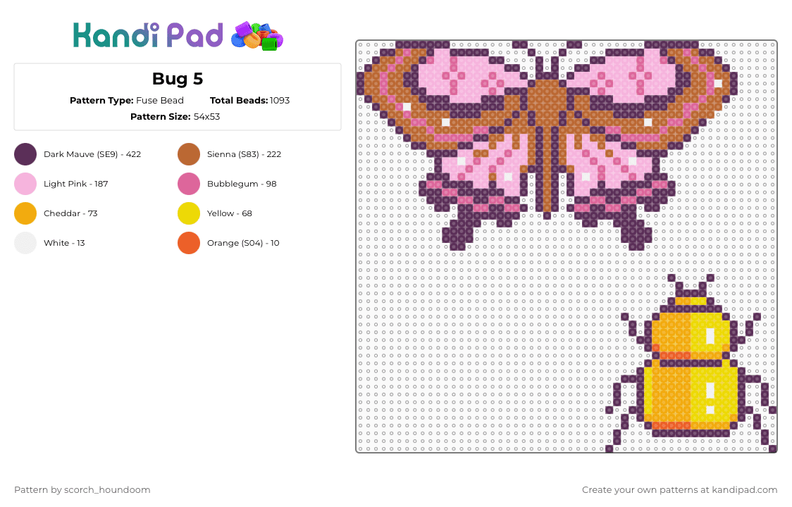 Bug 5 - Fuse Bead Pattern by scorch_houndoom on Kandi Pad - pink,bug,bugs,moth,beetle,butterfly
