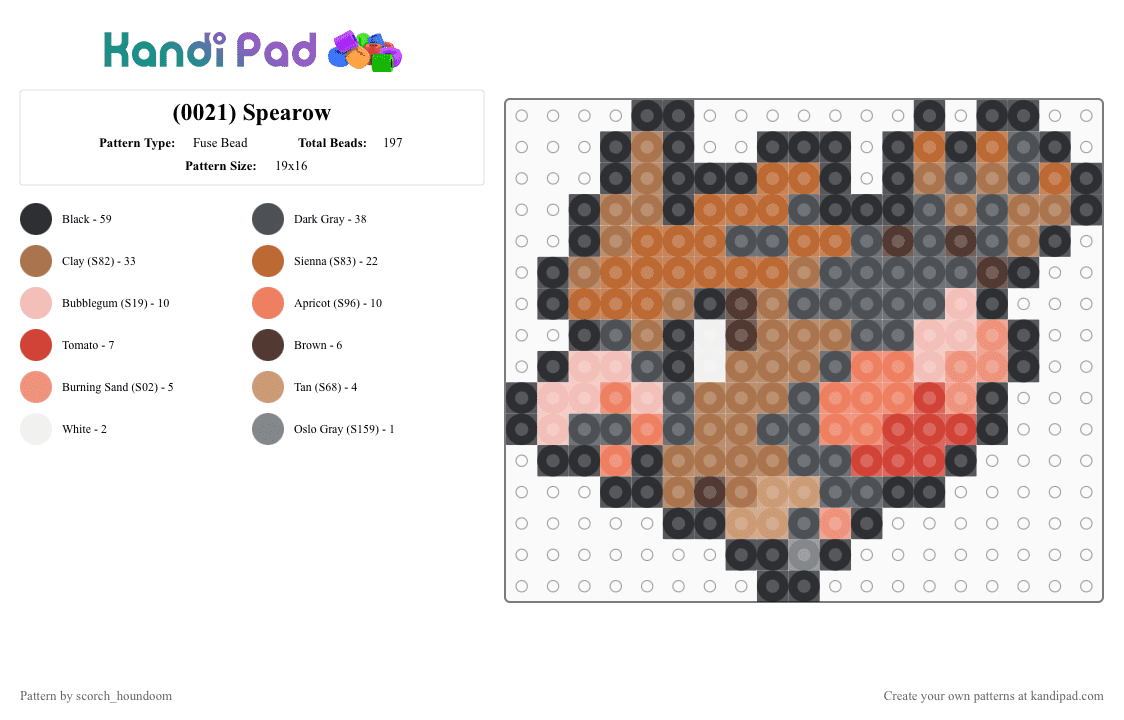 (0021) Spearow - Fuse Bead Pattern by scorch_houndoom on Kandi Pad - gray, pokemon, spearow, tan