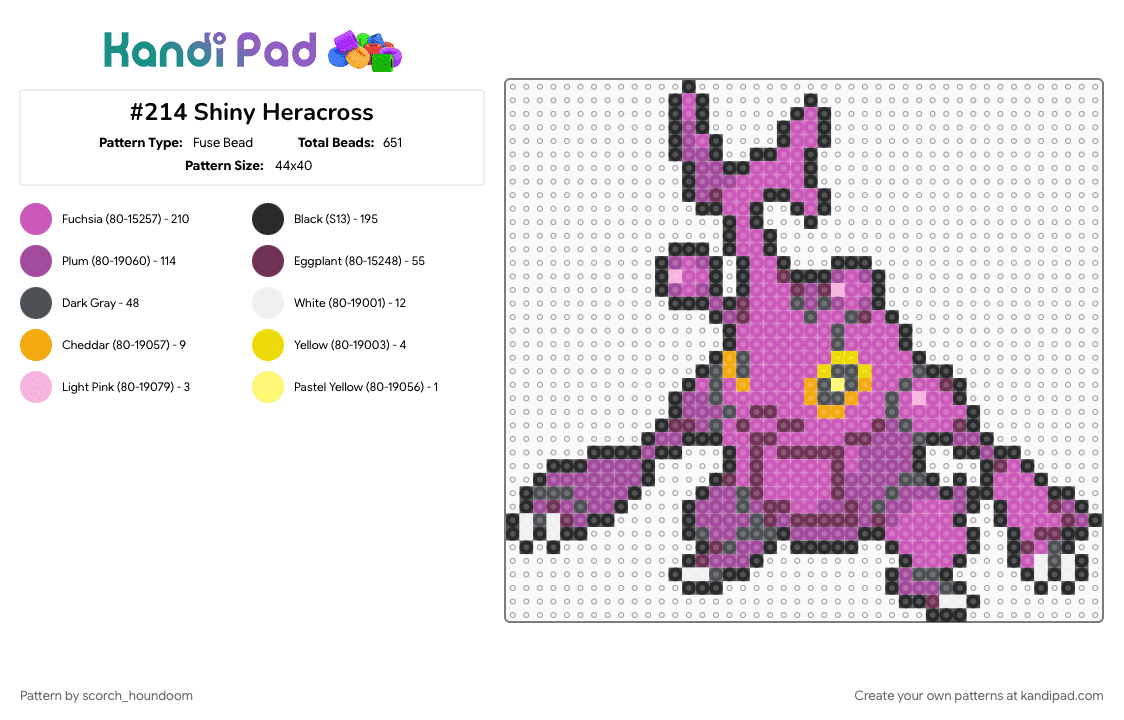 #214 Shiny Heracross - Fuse Bead Pattern by scorch_houndoom on Kandi Pad - heracross, pink, pokemon, sprite, sprites