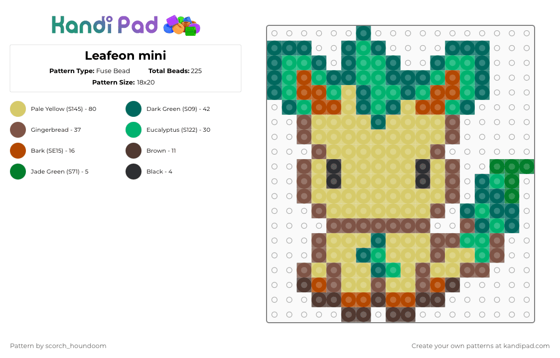 Leafeon mini - Fuse Bead Pattern by scorch_houndoom on Kandi Pad - teal,green,tan,yellow,leafeon,eevee