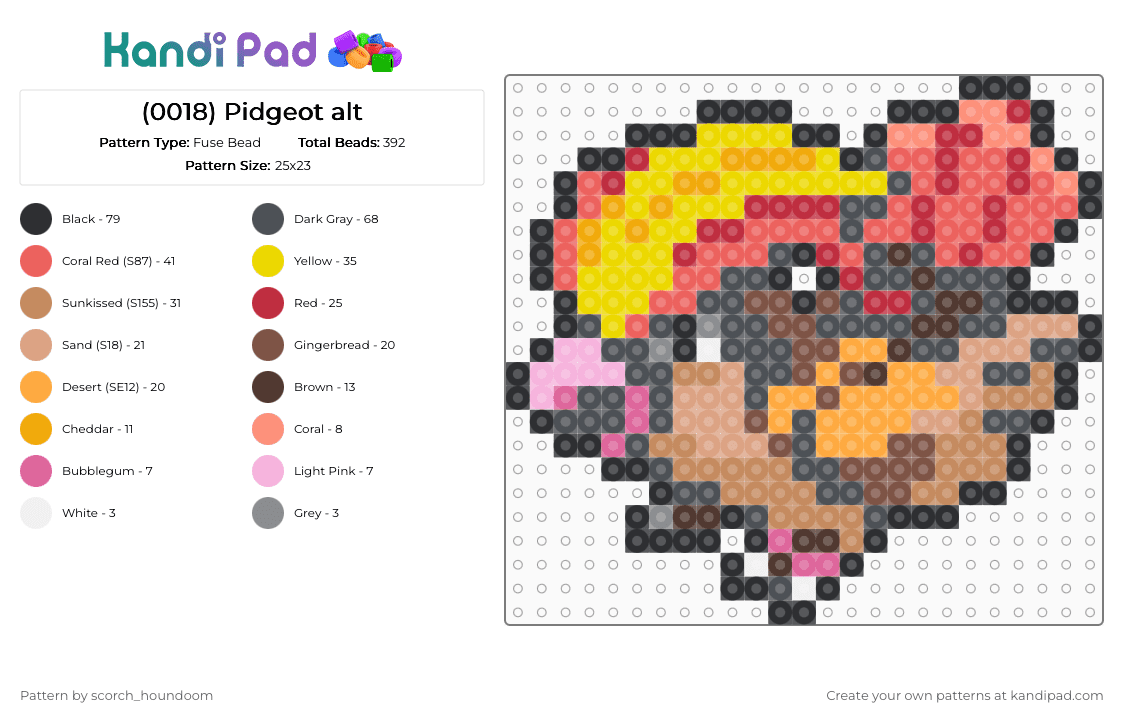 (0018) Pidgeot alt - Fuse Bead Pattern by scorch_houndoom on Kandi Pad - colorful, gray, orange, pidgeot, pokemon, pokmon sprite, red, sprite