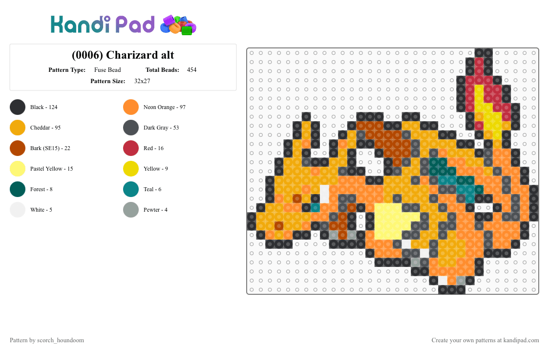 (0006) Charizard alt - Fuse Bead Pattern by scorch_houndoom on Kandi Pad - charizard, gray, orange, pokemon, pokmon sprite, sprite