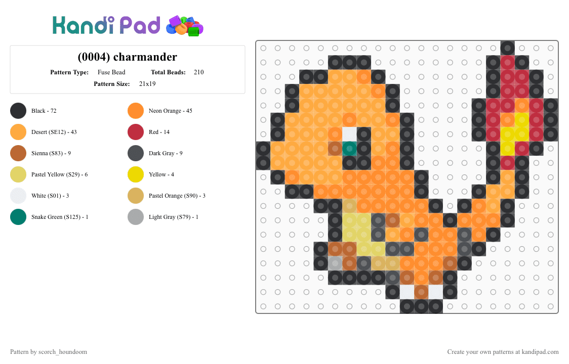 (0004) charmander - Fuse Bead Pattern by scorch_houndoom on Kandi Pad - orange,charmander,pokemon
