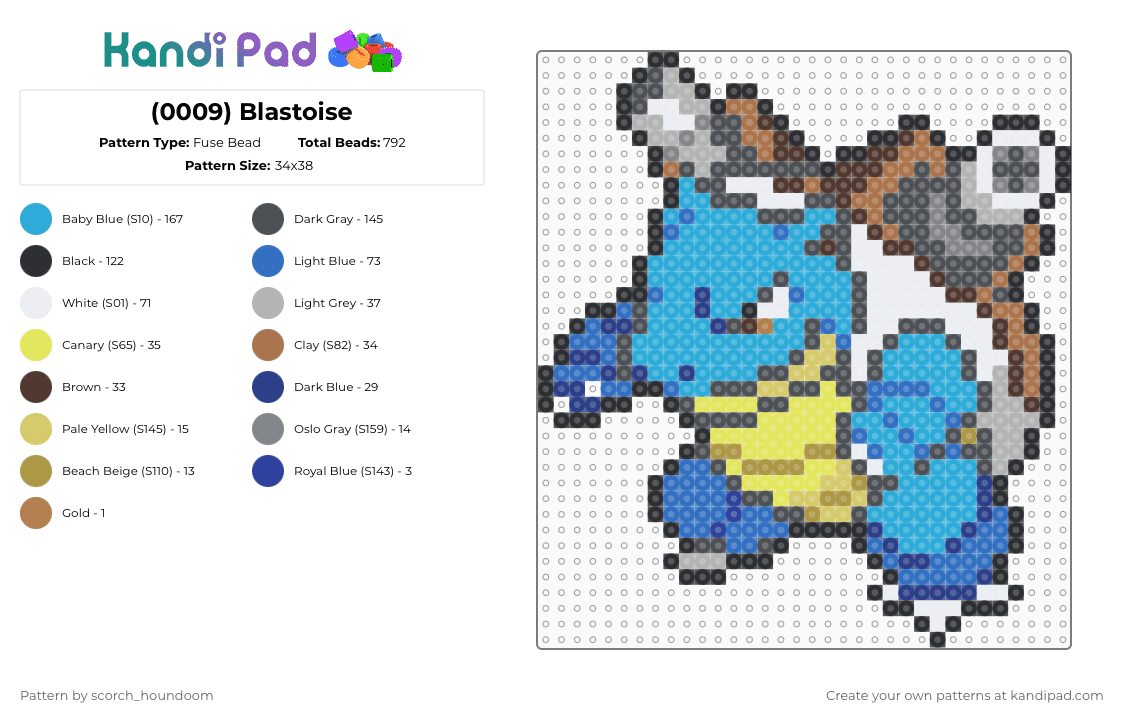 (0009) Blastoise - Fuse Bead Pattern by scorch_houndoom on Kandi Pad - blue,gray,light blue,blastoise,pokemon