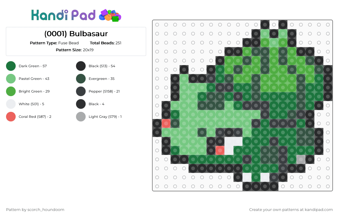 (0001) Bulbasaur - Fuse Bead Pattern by scorch_houndoom on Kandi Pad - teal,green,pokemon,bulbasaur