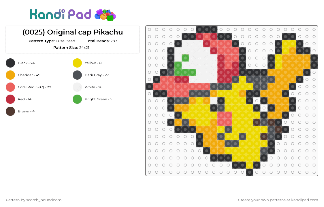 (0025) Original cap Pikachu - Fuse Bead Pattern by scorch_houndoom on Kandi Pad - yellow,orange,red,pikachu,pokemon,pokmon sprite,sprite