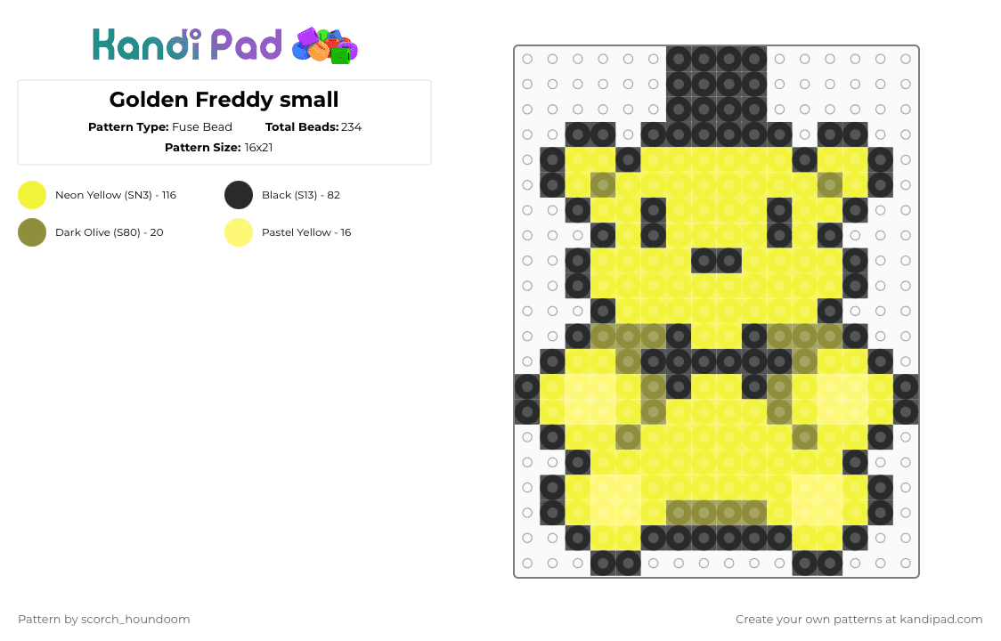 Golden Freddy small - Fuse Bead Pattern by scorch_houndoom on Kandi Pad - yellow,golden freddy,fnaf,five nights at freddys