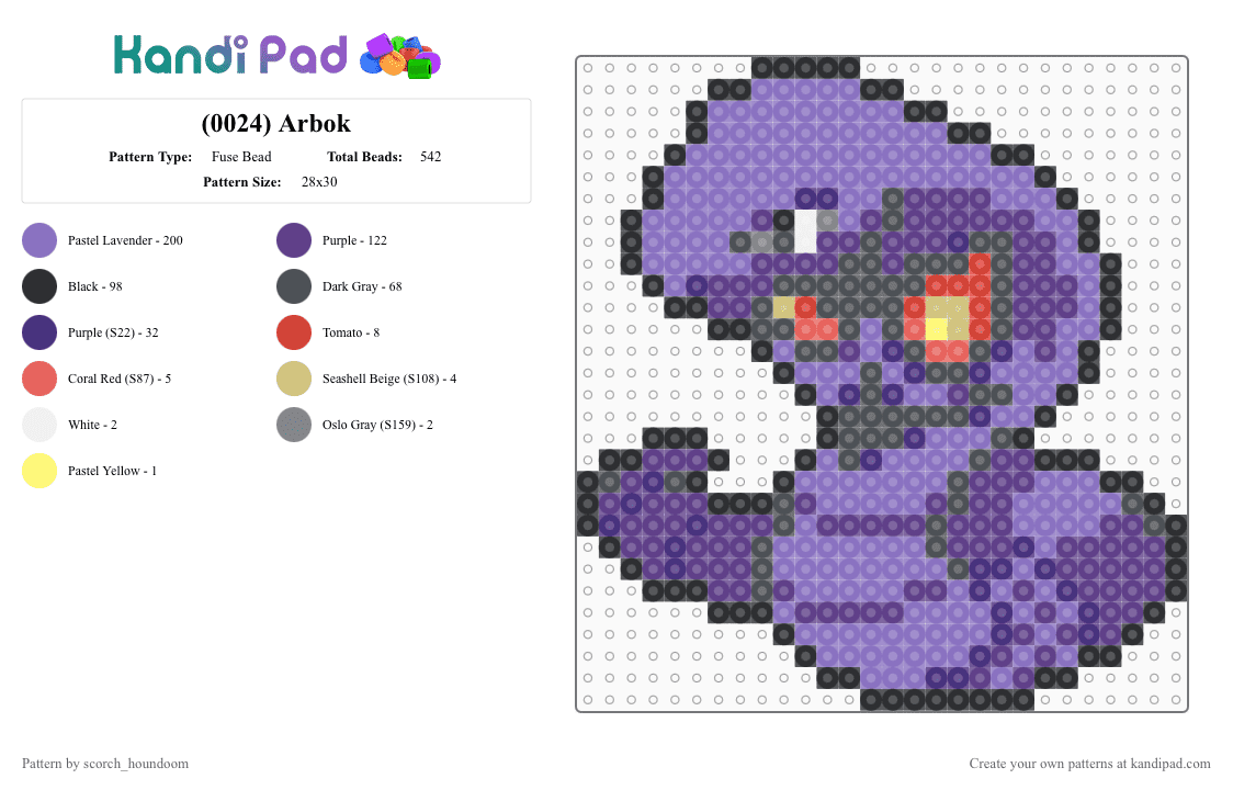 (0024) Arbok - Fuse Bead Pattern by scorch_houndoom on Kandi Pad - gray,purple,blue,arbok,pokemon