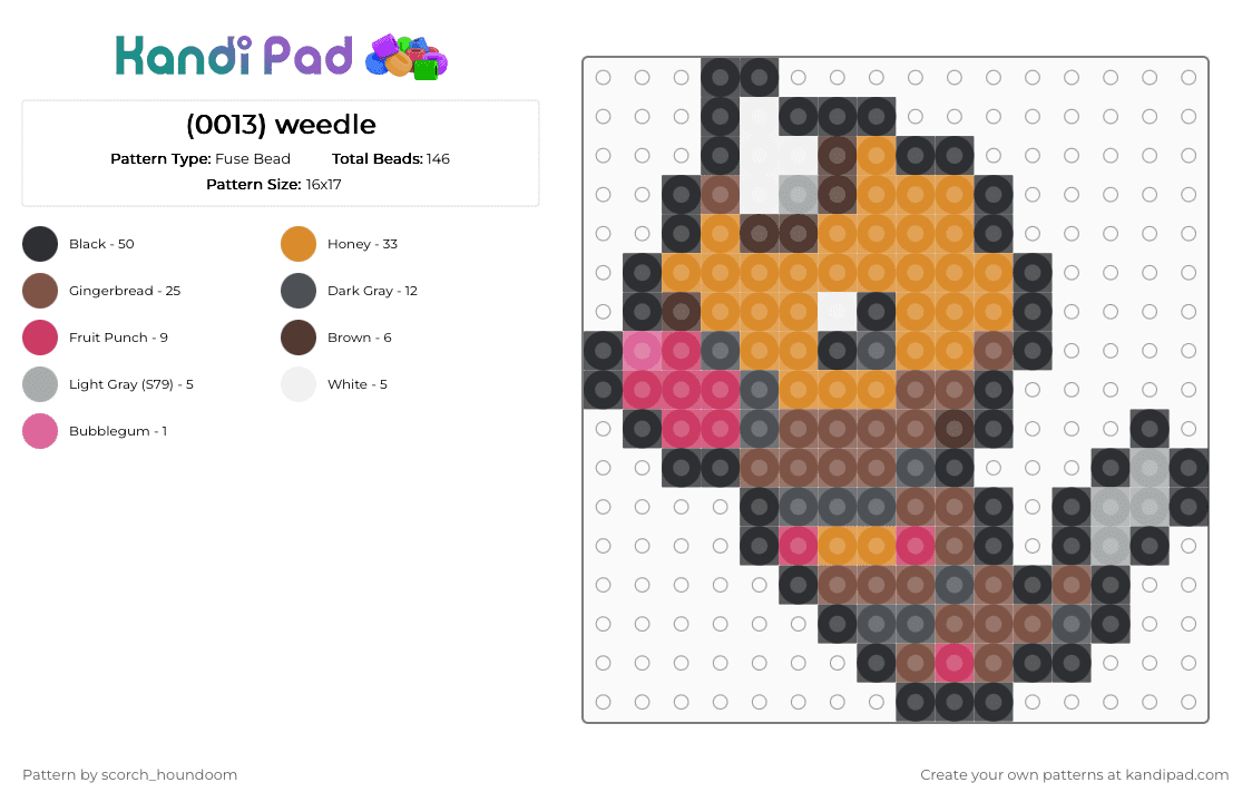 (0013) weedle - Fuse Bead Pattern by scorch_houndoom on Kandi Pad - gray, orange, pokemon, tan, weedle