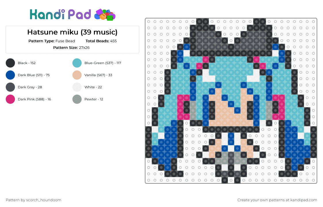 Hatsune miku (39 music) - Fuse Bead Pattern by scorch_houndoom on Kandi Pad - blue,teal,vocaloid,hatsune miku,miku hatsune