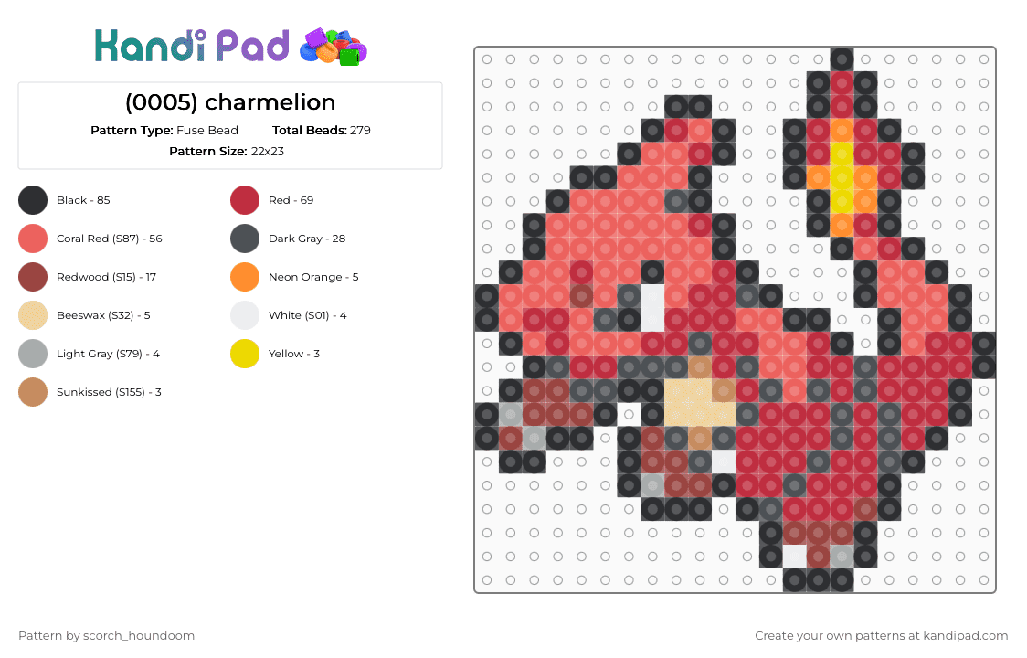(0005) charmeleon - Fuse Bead Pattern by scorch_houndoom on Kandi Pad - red,gray,pokemon,charmelion