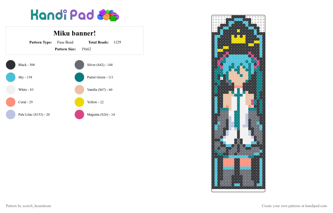 Miku banner! - Fuse Bead Pattern by scorch_houndoom on Kandi Pad - black,light blue,teal,gray,miku,hatsune,hatsunemiku,vocaloid,blue