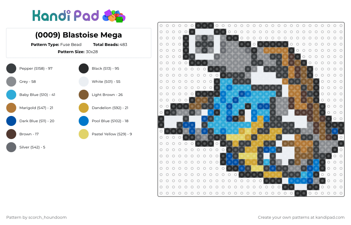(0009) Blastoise Mega - Fuse Bead Pattern by scorch_houndoom on Kandi Pad - blastoise, blue, gray, light blue, mega, pokemon, tan