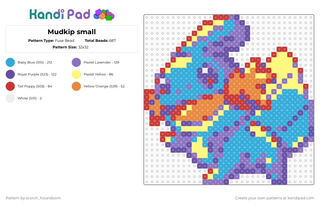 Mudkip small - Fuse Bead Pattern by scorch_houndoom on Kandi Pad - purple,blue,light blue,pokemon,mudkip