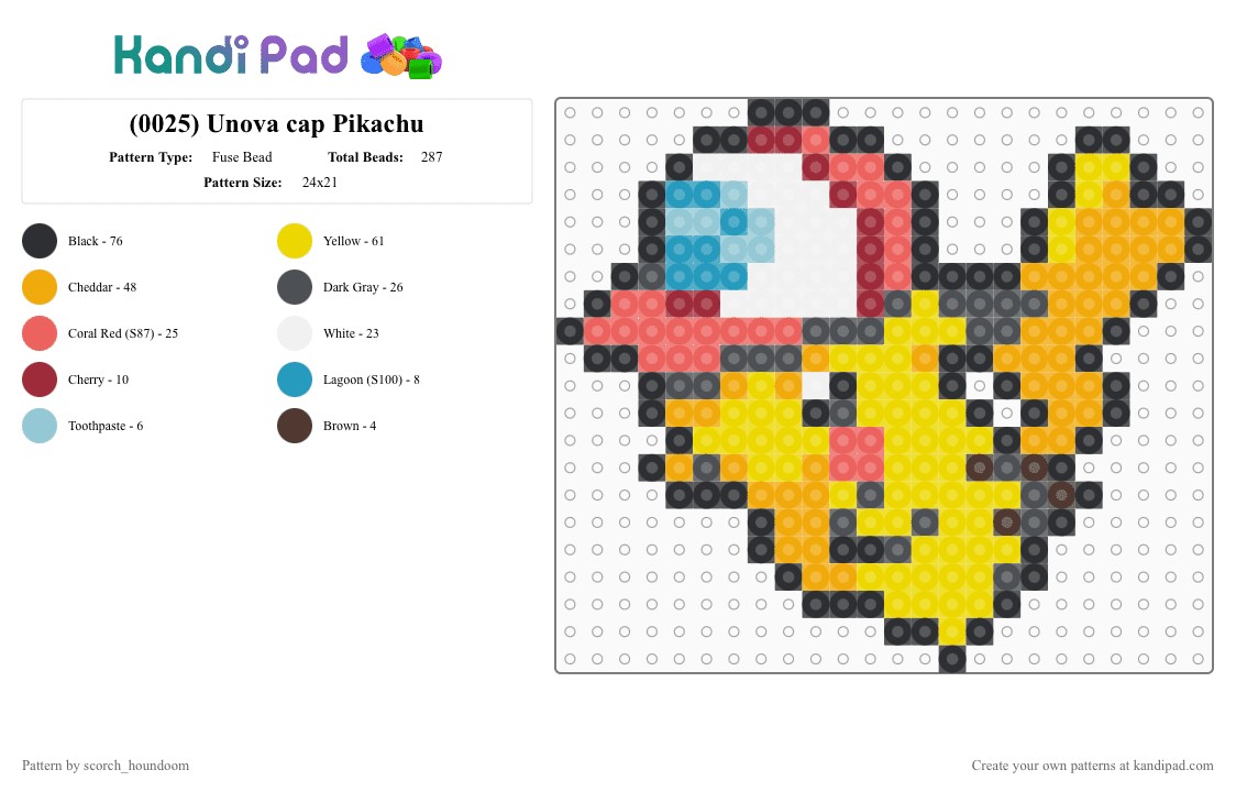 (0025) Unova cap Pikachu - Fuse Bead Pattern by scorch_houndoom on Kandi Pad - yellow,orange,red,pikachu,pokemon,sprite,pokmon sprite