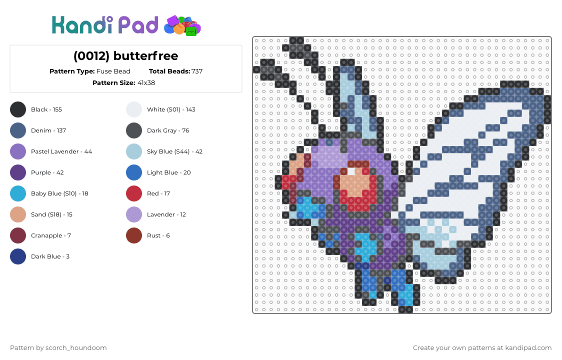 (0012) butterfree - Fuse Bead Pattern by scorch_houndoom on Kandi Pad - blue,gray,light blue,butterfree,pokemon