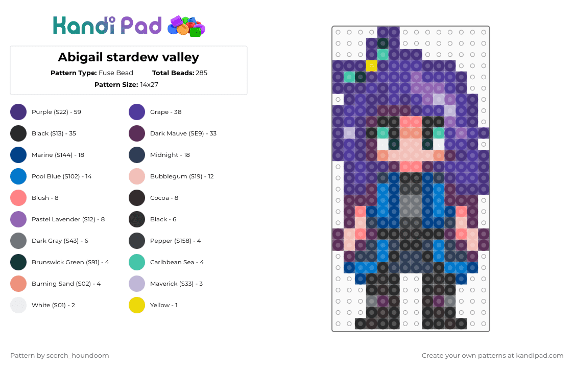 Abigail stardew valley - Fuse Bead Pattern by scorch_houndoom on Kandi Pad - blue,purple,pink,stardew valley,abigail