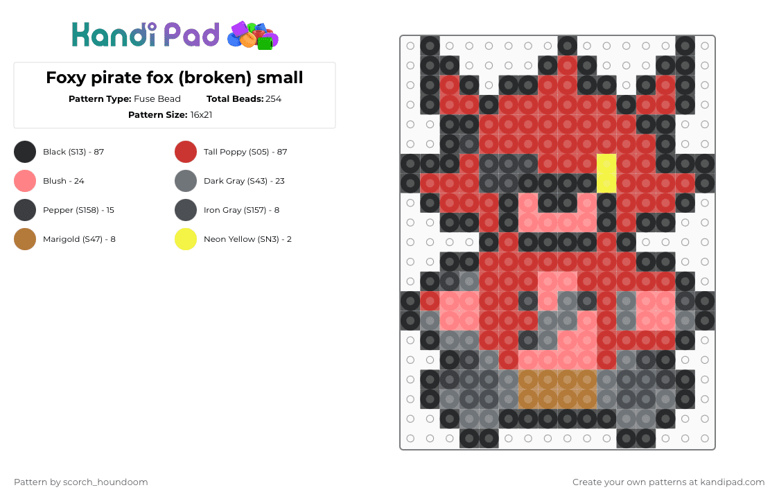 Foxy pirate fox (broken) small - Fuse Bead Pattern by scorch_houndoom on Kandi Pad - red,foxy,fnaf,five nights at freddys