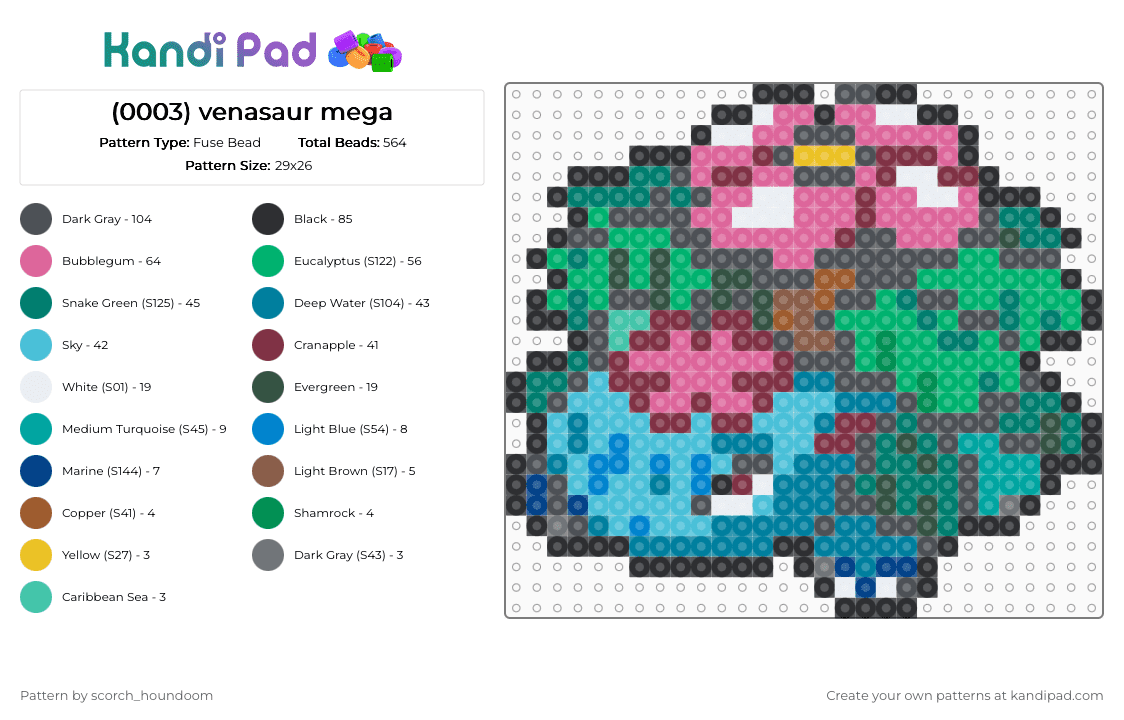 (0003) venasaur mega - Fuse Bead Pattern by scorch_houndoom on Kandi Pad - gray,pink,teal,green,pokemon,venasaur